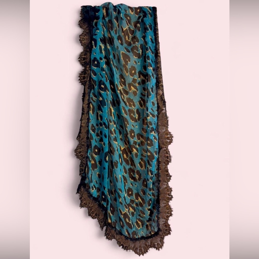 Leopard Print Scarf with Lace Trim